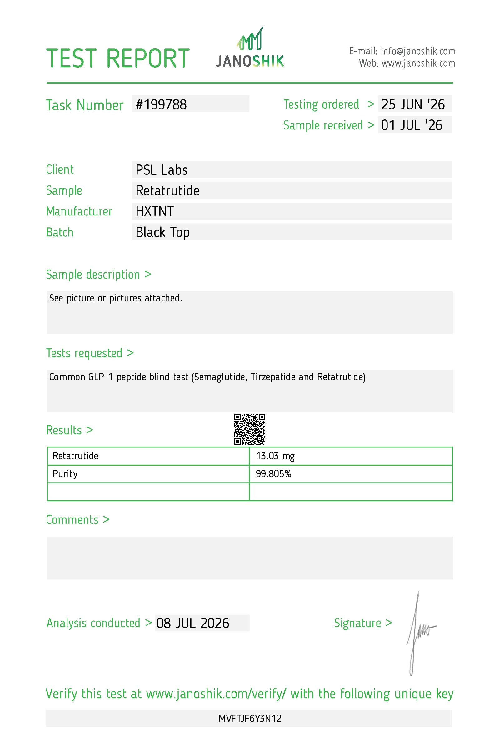 HPLC chromatogram and laboratory Certificate of Analysis for PSL Labs Retatrutide, Batch Black Top, Task Number 199788. Laboratory-reported identity Retatrutide, amount 13.03 mg, purity 99.805%. Analysis conducted July 8, 2026.